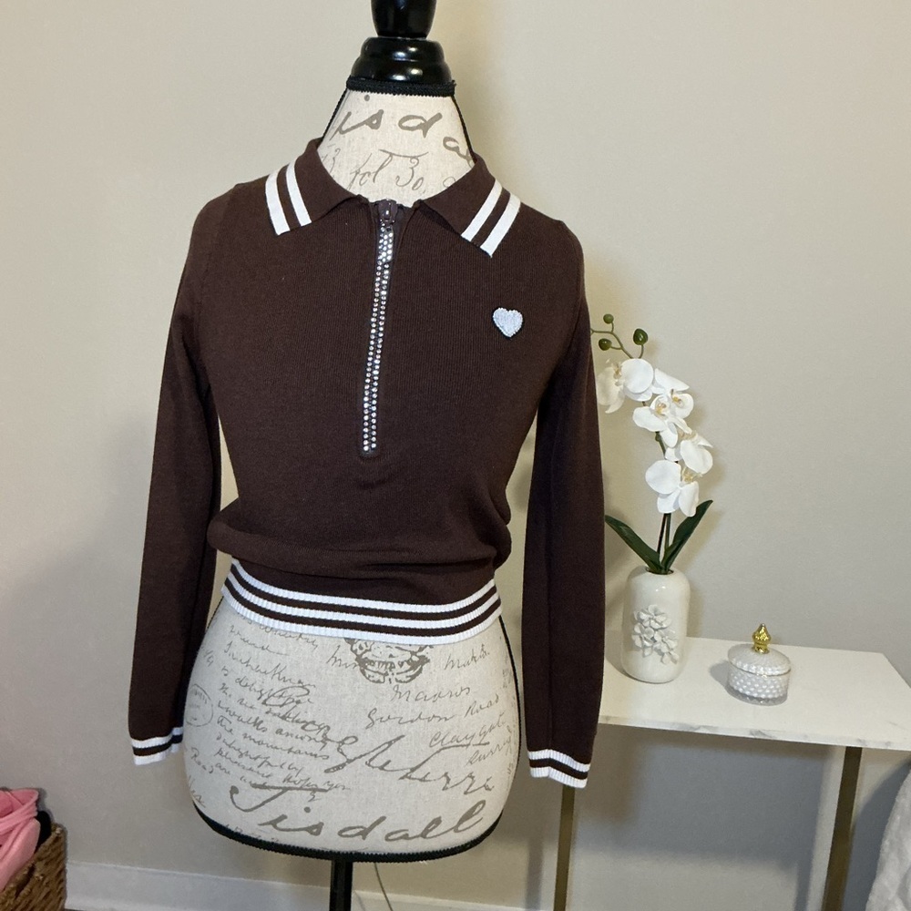 Brown Long Sleeve Polo Top